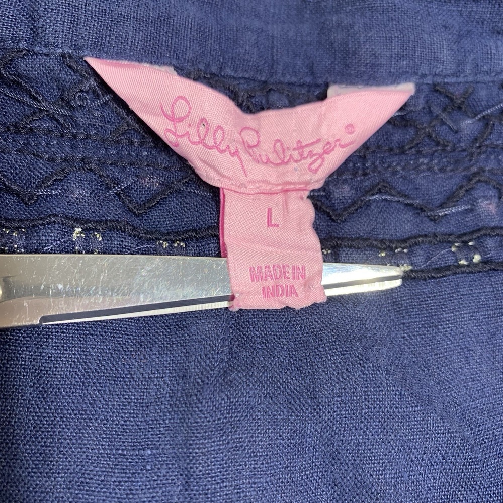 Lilly Pulitzer Amelia Island 100% Linen Tunic Women's Large Blue Gold Trim Top - Picture 3 of 10